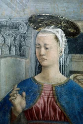 (Detail) uit de Legende van het Ware Kruis toont Aankondiging, door Piero della Francesca