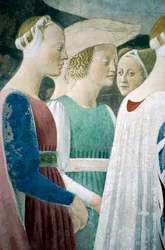 Detail uit De Legende van het Ware Kruis toont aanbidding van hout en ontmoeting van Koningin van Sheba en Koning Salomo
