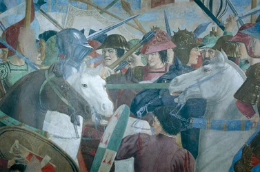 (Detail) uit de Legende van het Ware Kruis toont slag van Heraclius I van Byzantium tegen Chosroes II, door Piero della Francesca