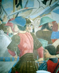 (Detail) uit de Legende van het Ware Kruis toont slag van Heraclius I van Byzantium tegen Chosroes II, door Piero della Francesca