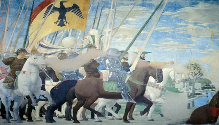 (Detail) uit de Legende van het Ware Kruis toont overwinning van Constantijn, door Piero della Francesca