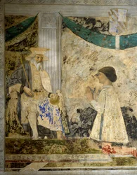 Portret van Sigismondo (Sigismond) Pandolfo Malatesta (1417-1468) in gebed voor San Sigismondo (Sigismondo). Fresco door Pietro di Benedetto dei Franceschi genaamd Piero della Francesca (1422-1492)
