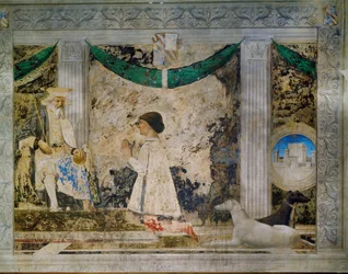Sigismondo Pandolfo Malatesta, heerser van Rimini, knielend voor zijn beschermheilige, de heilige Sigismund, de heilige koning van Bourgondië (fresco)
