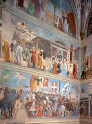 De verificatie van het ware kruis, de overwinning van Heraclius en de executie van Chosroes in 628 na Christus, uit de legende van de ware kruiscyclus, voltooid in 1464 (post-restauratie)