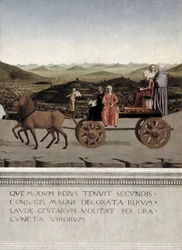 Triomf van Battista Sforza, Hertogin van Urbino. Battista en haar dienstmaagd, twee Theologische Deugden en een non worden getrokken in een triomfwagen door twee bruine eenhoorns, na 1472 (detail)