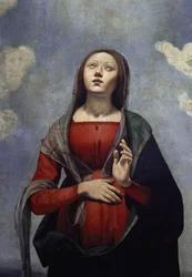 De Maagd Maria met de duif van de Heilige Geest boven haar, omringd door zes heiligen (detail)