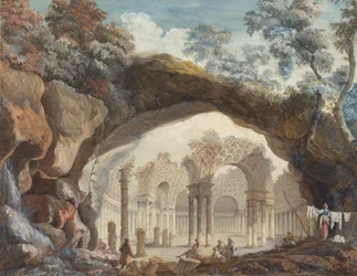 Architecturale fantasie: Ruïnes van een cirkelvormige tempel gezien door een natuurlijke boog, ca. 1785 (gouache op papier)