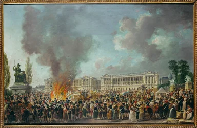 De emblemen van de monarchie worden verbrand op de Place de la Concorde ...