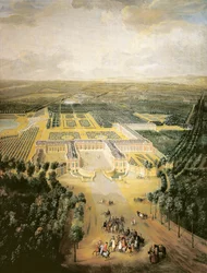 Versailles, perspectivisch uitzicht op de tuinen van het Grand Trianon in Versailles