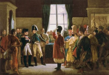 Alexander I gepresenteerd aan Napoleon I, de Kalmukken, de Kozakken en de Basjkieren van het Russische leger op 9 juli