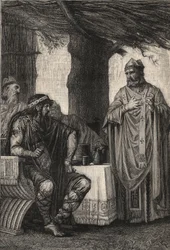 Sint Gregorius van Tours (538-594) tegenover Chilperic I (539-584) Frankische koning van de Merovingische dynastie - gravure door Pierre Fritel