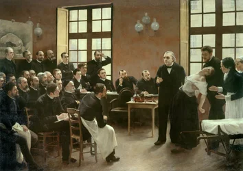 Een klinische lezing door Dr. Charcot in de Salpêtrière in 1887. Studenten van de afdeling van Professor Jean Martin Charcot (1825-1893) die het geval van Blanche Wittman uitlegt, zijn patiënt en proefpersoon voor zijn onderzoek naar hysterie.
