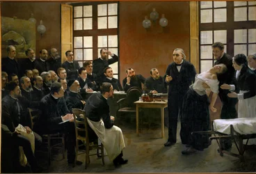 Een les over hysterie door Jean Martin Charcot, pionier van de neurologie, in het ziekenhuis la Salpetriere (olieverf op doek)