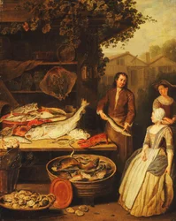 Een Visboer die een Snoek toont aan een Dienstmeid, 1727