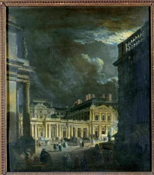 La Place du Palais Royal in Parijs bij maanlicht Schilderij door Pierre Demachy (1723-1807) 18e eeuw Parijs, Musee Carnavalet