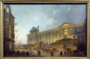Zicht op de zuilengang van het Louvre Straatscène met bouwplaats voor het Palais du Louvre