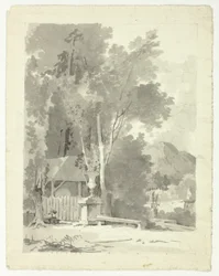 Klassieke urne voor een schuurtje, met tempel en berg op de achtergrond