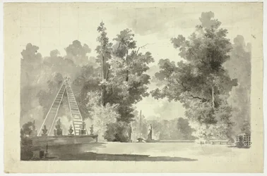 Gezicht op het park van Versailles: Ladderboog met planten; beeldhouwwerken