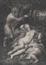 Een sater ontdekt de slapende Venus, met Cupido aan haar zijde