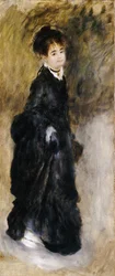 Een jonge vrouw, volledige lengte, die haar rok ophoudt, 1877
