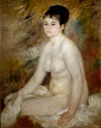 Na het bad. Portret van een naakte vrouw zittend