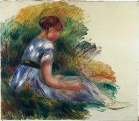 Alice Gamby in de tuin, jong meisje zittend in het gras, 1891