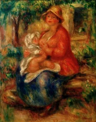 Aline Renoir die haar zoon voedt