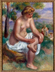 Bader zittend in een landschap genaamd Eurydice Schilderij door Pierre Auguste Renoir