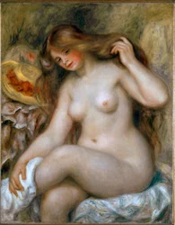 Blonde baadster. Naakte vrouw met zeer lang haar. Schilderij van Pierre-Auguste Renoir