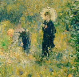 Vrouw met parasol in een tuin