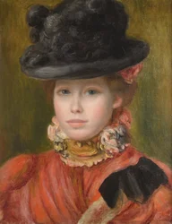 Meisje met zwarte hoed en rode bloemen, ca. 1890