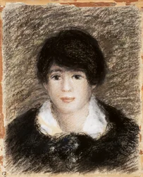 Jonge vrouw, gezicht van voren, met een zwarte jurk en een witte kraag. Tekening van Pierre-Auguste Renoir (1841-1919)