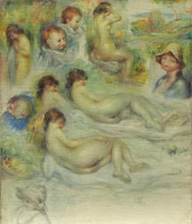 Studies van Pierre Renoir, zijn moeder, Aline Charigot, naakten en landschap, 1885-86