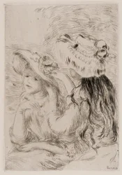 Twee jonge meisjes spelden bloemen op hun hoed, c.1894 (inktgravure op papier)
