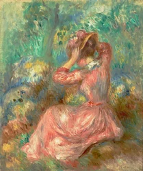 Vrouw die haar hoed schikt 1890