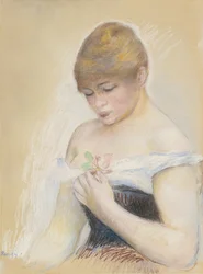 Jonge vrouw met een bloem. Portret van de actrice Jeanne Samary, ca. 1880