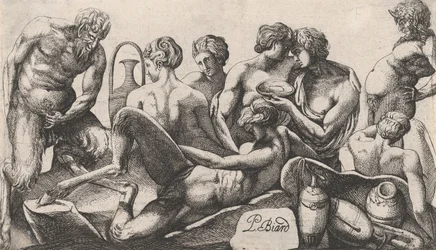 Acht saters en satyresses die een maaltijd beëindigen