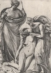 Studie ter ondersteuning van de flauwvallende personificatie van Beeldhouwkunst, staand naast hen, Fran..., 1607-61