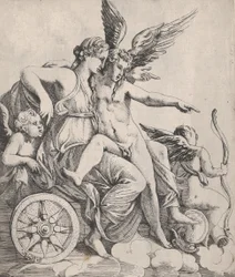Venus en Cupido op een wagen
