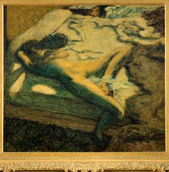 Dommelende vrouw op haar bed of de indolente (schilderij op doek)