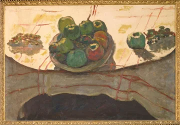 Stilleven; bord en fruit of schaal met perziken