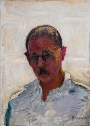 Zelfportret op witte achtergrond, overhemd met open kraag