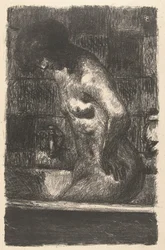 Staande naakte vrouw wast zich in bad