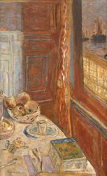 Stilleven met schepen gezien door raam, ca. 1906