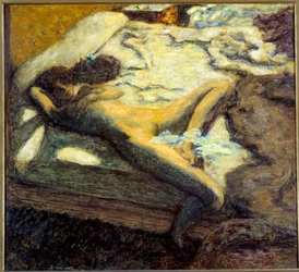 De luie naakte jonge vrouw liggend op een bed