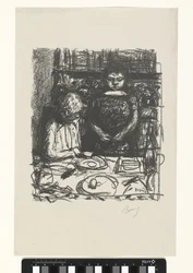 Zittende man aan tafel met maaltijd en staande vrouw