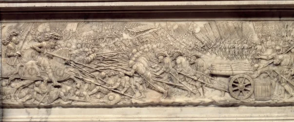 De Slag bij Marignan in 1515. Graf van het hart van de koning van Frankrijk François I (1494-1547): Laag reliëf door Pierre Bontemps (circa 1507-1568)