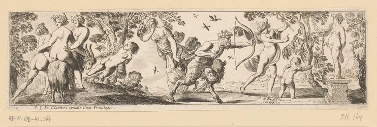 Sater schiet een pijl op een beeld van Bacchus terwijl Mercurius toekijkt