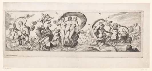 Zeegodinnen met in het midden Galathea, voortgetrokken op een vaartuig