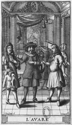 Molière als Harpagon, frontispice illustratie uit 